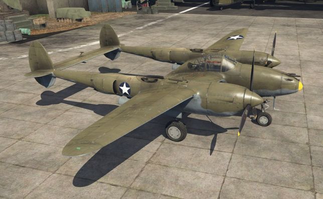 Истребитель P-38E Lightning в ангаре игры War Thunder.
