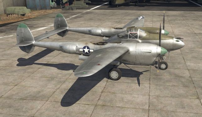 Истребитель P-38J-15 Lightning в ангаре игры War Thunder.